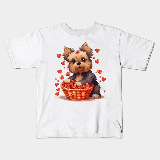 Cartoon Yorkshire Terrier Dog in Hearts Basket Kids T-Shirt by Chromatic Fusion Studio